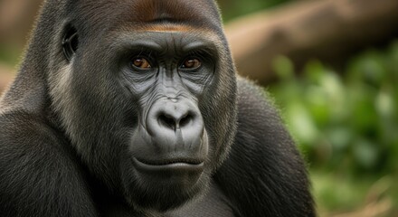 Obraz premium Detailed portrait of a powerful, dark-furred primate with intense, deep brown eyes