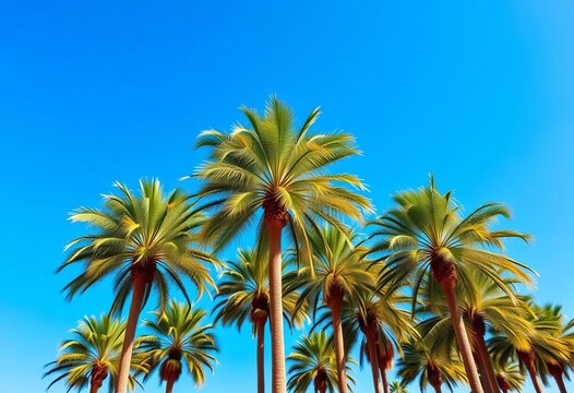 Majestic royal palms stand tall against a vibrant blue sky, scenic, photography