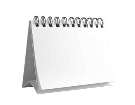 Blank white desktop calendar with spiral binding, isolated on transparent background