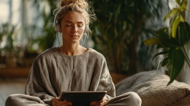 mental wellness session using neurofeedback app on tablet, person in comfortable meditation space, soft lighting, greenery