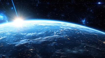 Obraz premium Distant Earth from orbit sun's brilliant flare crests horizon, illuminating blue planet