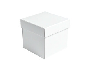 A white square gift box, lid slightly ajar, isolated on a black background