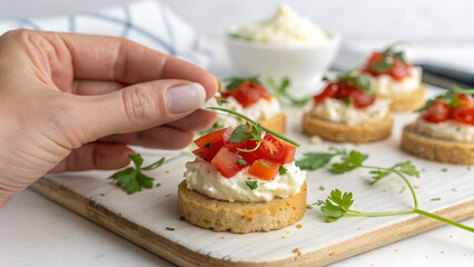 canapes with red fish and cucumber in hand