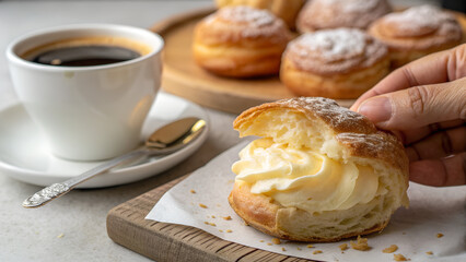 puff pastry with cream in hand
