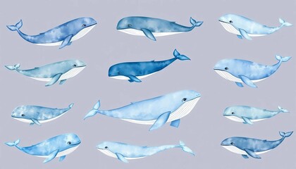 Obraz premium A whimsical set of watercolor whales in various blues and greys, some leaping, others swimming , charming, aquatic