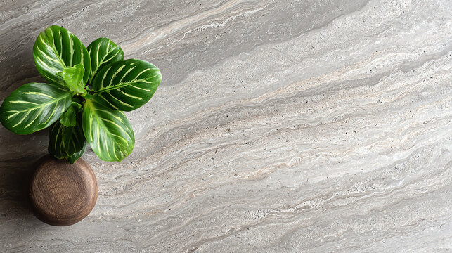 Flat lay of grey and beige marble surface with a green plant, natural lighting, minimalistic composition, high-resolution, clean aesthetic, suitable for commercial use