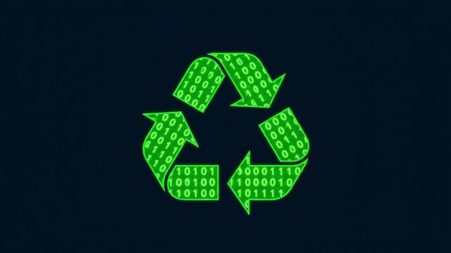 A digital recycling symbol composed of binary code against a dark background, symbolizing data reuse and environmental consciousness.