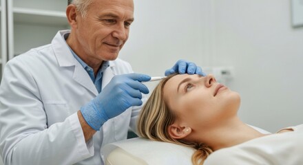 Obraz premium Doctor in lab coat and gloves treats a woman's scalp with a device in a clinic