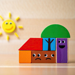 Colorful wooden blocks arranged in a house shape with a smiling sun