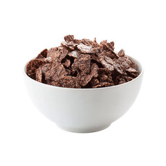 White bowl of chocolate corn flakes isolated on transparent background
