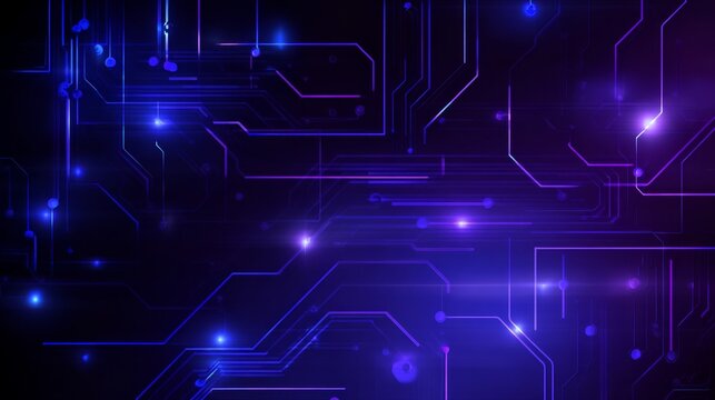Futuristic electronic circuit design with glowing neon patterns in vibrant blue and purple colors