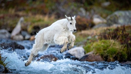 Mountain goat kid leaping across stream