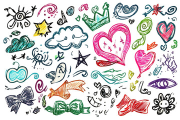 Colorful Scribbled Doodles on Black Background Featuring Hearts Stars and Decorative Elements