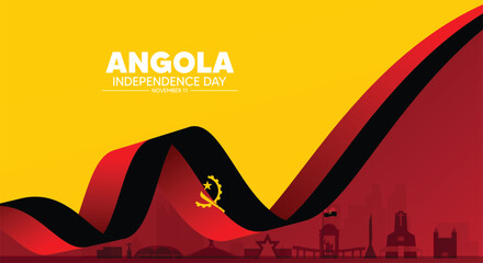 Angola independence day 11 November flag ribbon with cityscape vector poster