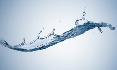 Dynamic splash of clear water arches across a light blue background with droplets