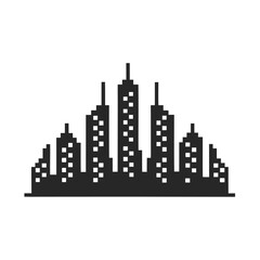 Fototapeta premium Pixelated black cityscape shows a simplistic skyline with illuminated windows, isolated against white