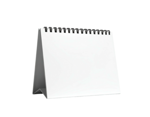 Blank white desk calendar with wire binding, isolated on a dark background