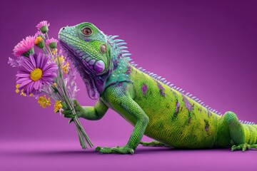 Vivid digital art of a green iguana holding a bouquet of colorful flowers on purple background