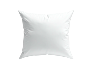 A square, white pillow, appearing soft and puffed against a stark black background