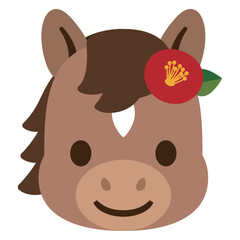椿の飾りをつけた可愛い馬の顔のキャラクター 年賀状 素材