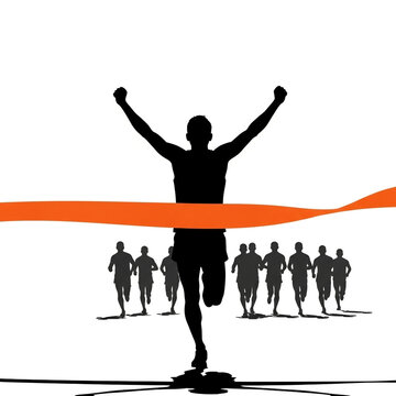 Silhouette of a runner crossing the finish line with arms raised in victory