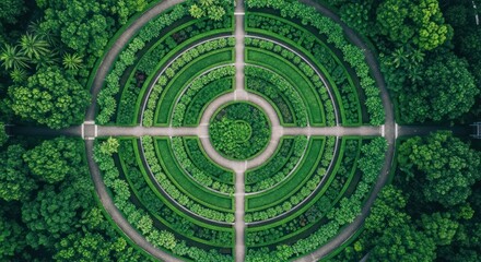 Drone shot of a formal circular garden, lush green hedges, radial pathways