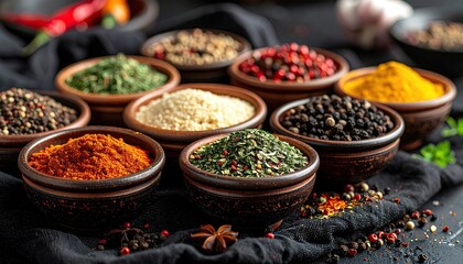 Fototapeta premium Variety of Colorful Spices in Small Bowls on Black Cloth