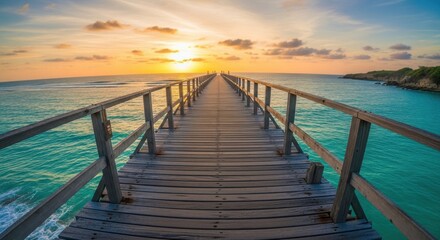 Obraz premium Tranquil ocean pier stretching toward a vibrant sunset over blue water