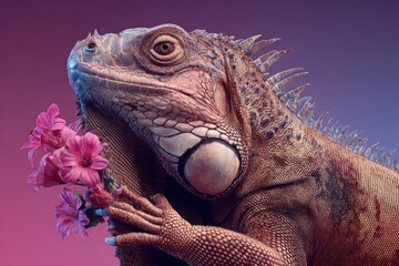 Close-up of a regal green iguana with pink flowers, soft lighting, and a colorful background