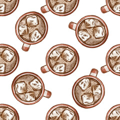 Hand drawn vintage seamless pattern of hot cocoa mugs with marshmallows in rustic style top view color illustration
