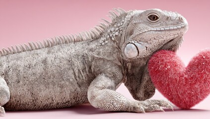 A light-colored iguana rests its head on a fluffy red heart against a pink backdrop