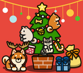 クリスマスツリーとトナカイ仮装の柴犬