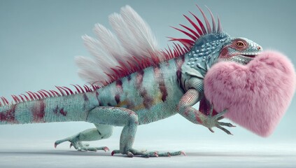 A whimsical iguana adorned with feathers carries a fluffy pink heart