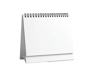 Blank white desktop calendar with spiral binding, angled open
