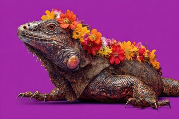 A close-up of an iguana adorned with a vibrant floral crown against a purple backdrop