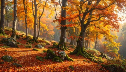 Enchanting Autumn Forest Scene - Golden Sunlight Illuminates Vibrant Foliage and Lush Landscape.