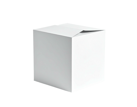 A blank, white, cubic box stands against a black background. One flap is open
