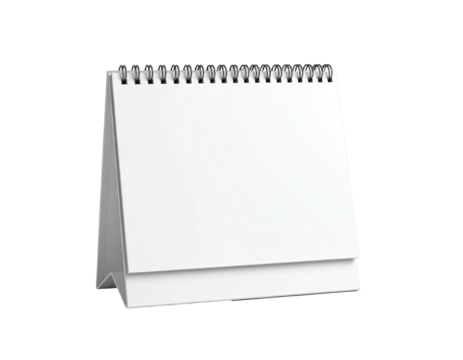 Blank white desktop calendar with spiral binding, angled open