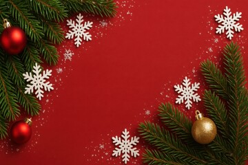 Fototapeta premium Christmas background with fir branches, red and gold ornaments, and snowflakes on a vibrant red backdrop.