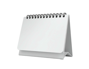 Isolated, standing blank calendar with spiral binding and white pages, on black