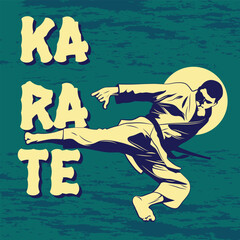 Vintage martial arts poster illustration featuring a karate fighter performing a powerful high kick in dynamic motion, retro style design with bold typography and textured background, perfect for spor