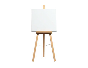 A wooden easel supporting a blank white canvas against a stark black background