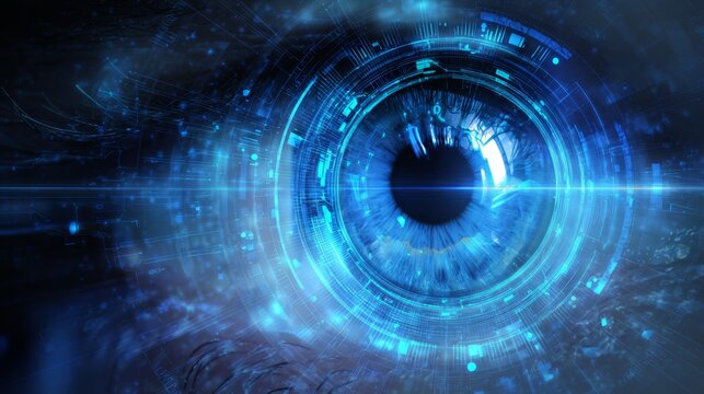 Futuristic eye symbolizing artificial intelligence with glowing circuits and holographic elements