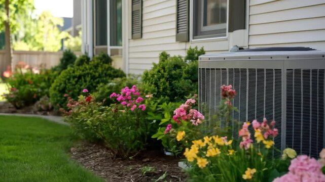 Air conditioning unit with flower landscaping near residential house