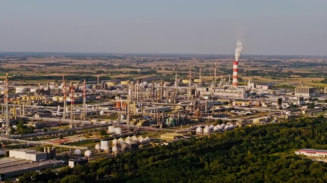 Drone cinematic panorama of strategic energy refinery symbol in Poland NATO