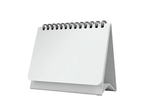 Isolated, standing blank calendar with spiral binding and white pages, on black