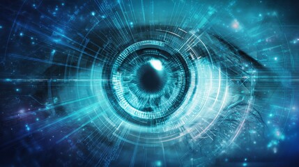 Futuristic eye symbolizing artificial intelligence with glowing circuits and holographic interfaces