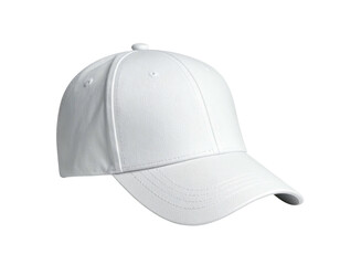 A pristine white baseball cap, angled, with a curved visor, on a dark background
