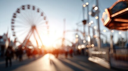 Amusement park blurring with a large ferris wheel, sun setting, illuminating a walking crowd with joyful bokeh lights and creating a vibrant, festive atmosphere