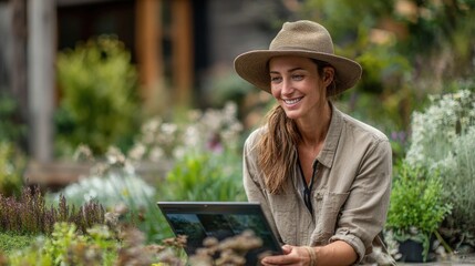 woman landscape designer presenting digital garden concept to client on laptop in outdoor setting, natural ambiance